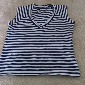 Sleeveless blue and white shirt